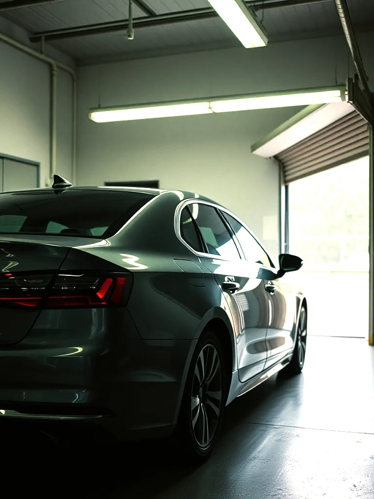 A dark sedan standing inside a small tint shop bay under fluorescent light, one rear glass freshly filmed, the roll-up door open onto daylight.