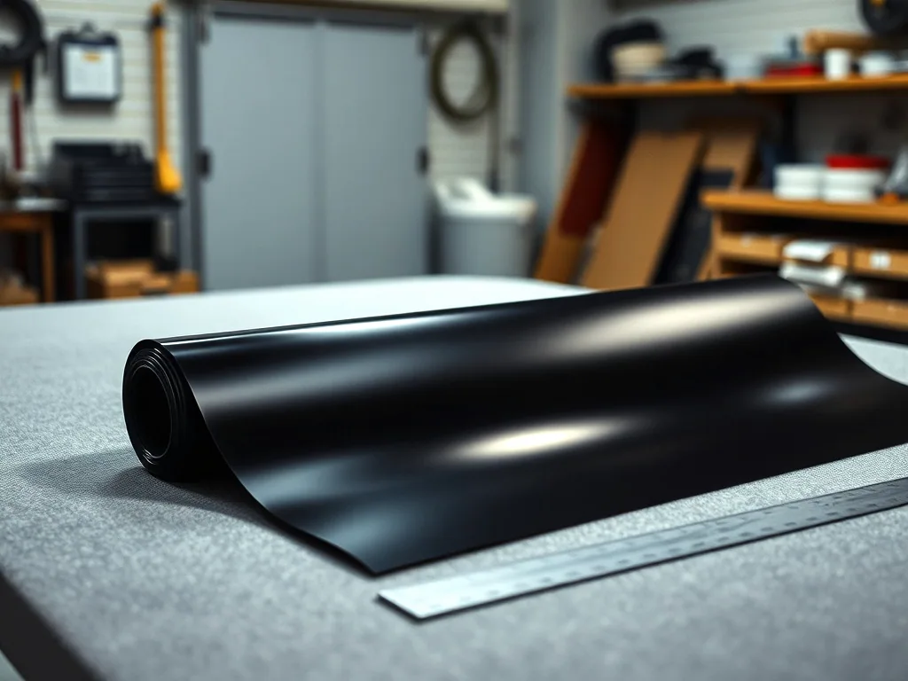 A roll of dark window film lying unrolled on a felt covered work table in a garage, a metal straight edge beside it.