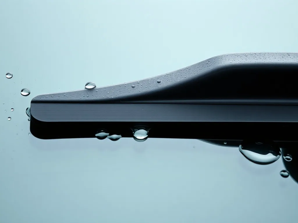 A hard rubber squeegee blade pressed flat against wet glass, water beading along its edge.
