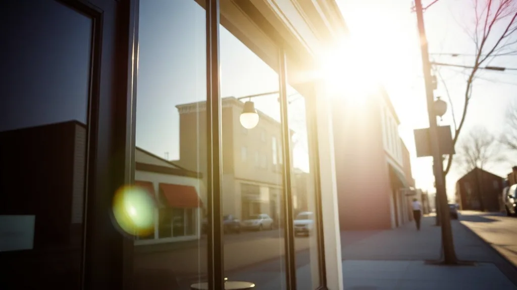 Late afternoon sun striking the plate glass of a small storefront from the pavement, the street reflected in it.